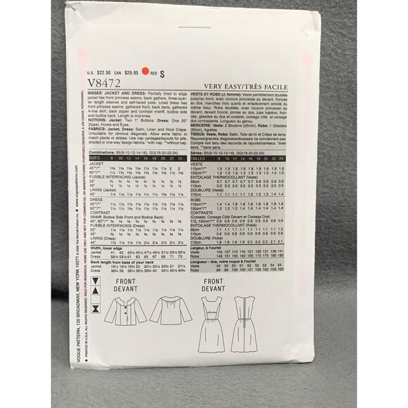Vogue Very Easy V8472 Misses Jacket Dress Sewing Pattern Sizes 8-16 uncut - Picture 2 of 2